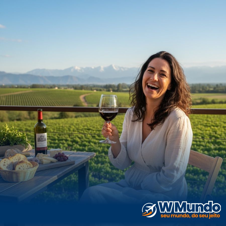Mulher Tomando Vinho aos pés da Cordilheira dos Andes