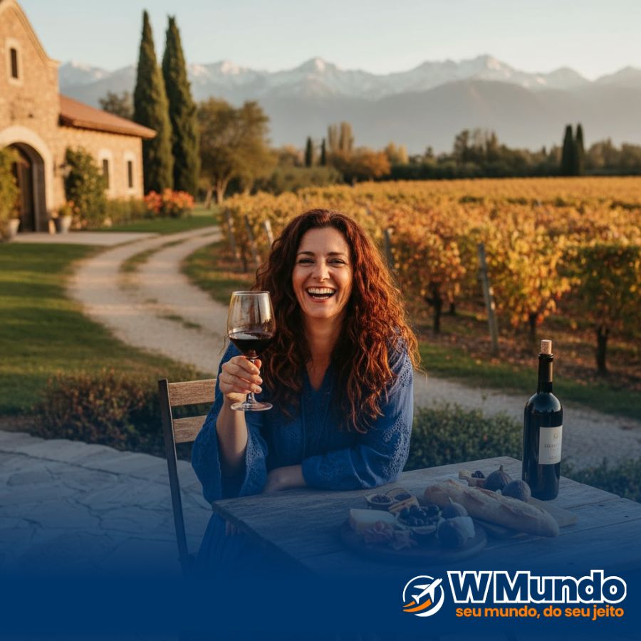 Mulher harmonizando vinho com queijos em Mendoza