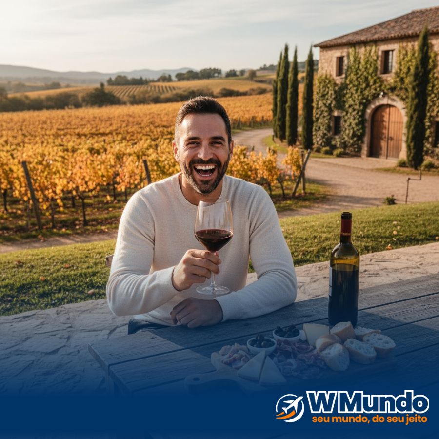 Homem feliz em uma mesa tomando vinho e comendo queijo